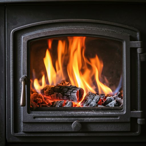 Karanlık lüks bir odada döküm soba içinde yanan ateşin yakın plan görünümü